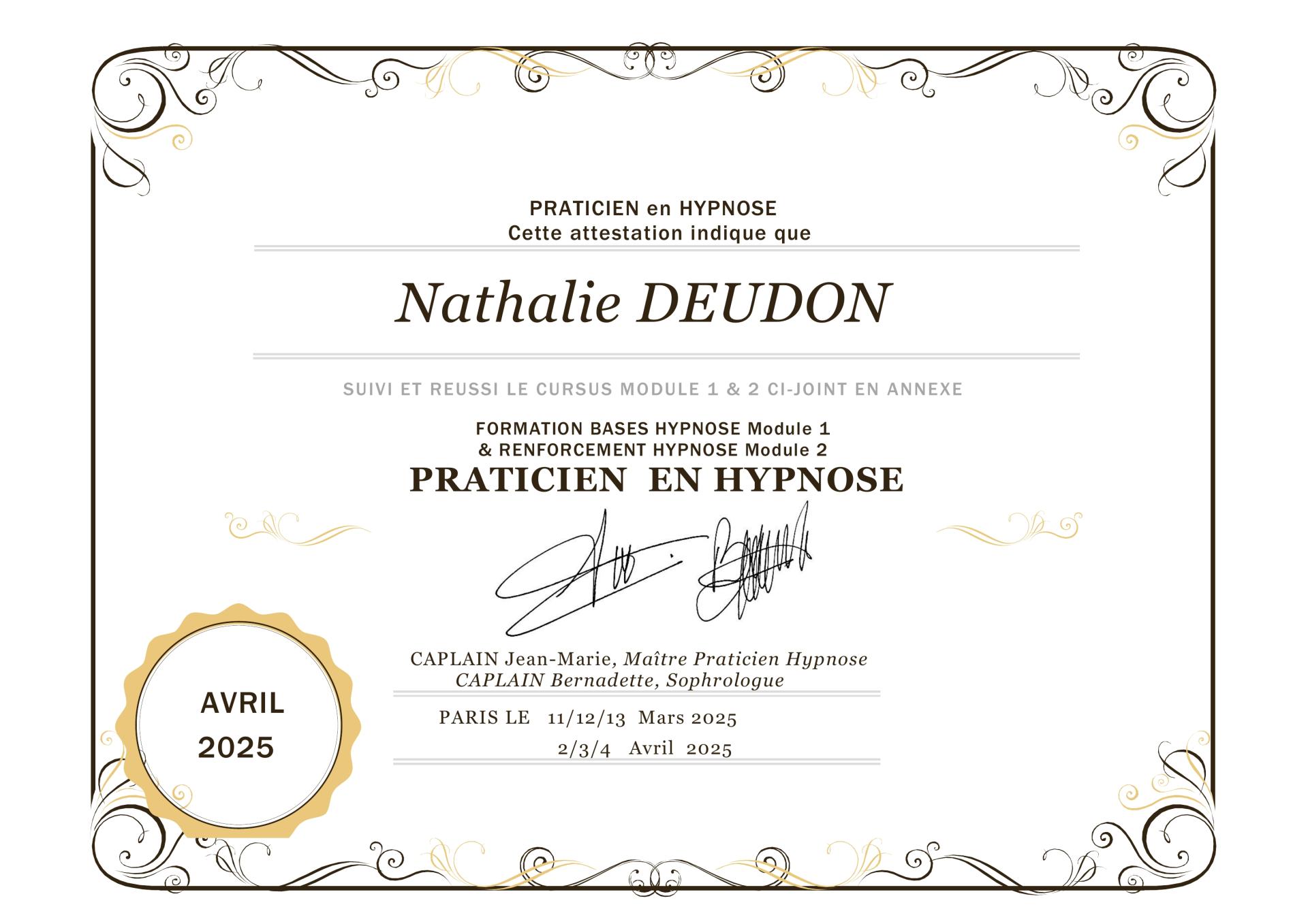 Attestation praticien hypnose deudon nathalie
